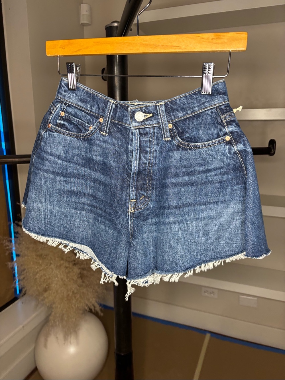 MOTHER Flutter Fray HIGH WAISTED Indigo Frayed Hem Denim Shorts